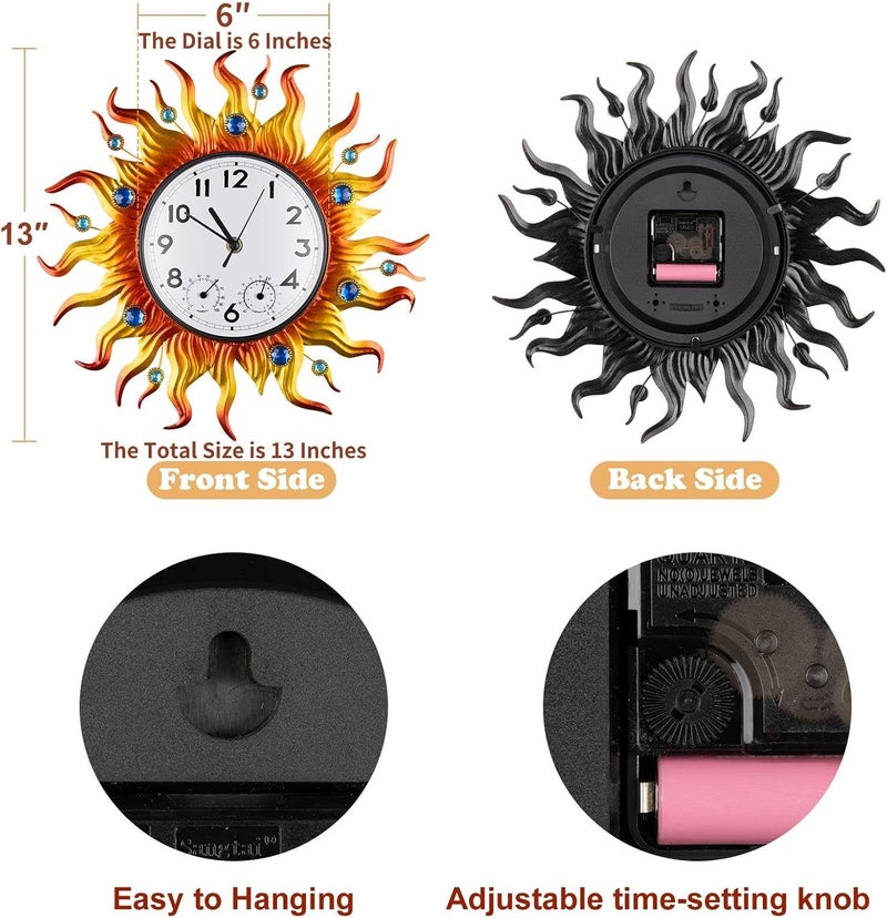 shumi Sun Outdoor Clock, Wall Clock with Temperature Waterproof, Silent Non-Ticking Outside Clocks for Patio Garden Pool Living Room Home - Image 3